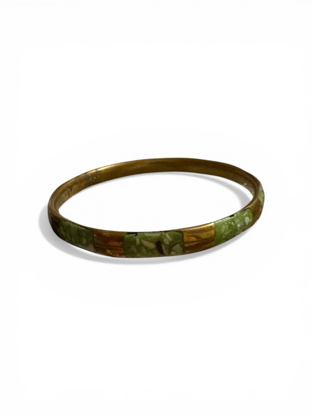 Vintage MCM Mid-century Bracelet Green Enamel Floral Brass Bangle